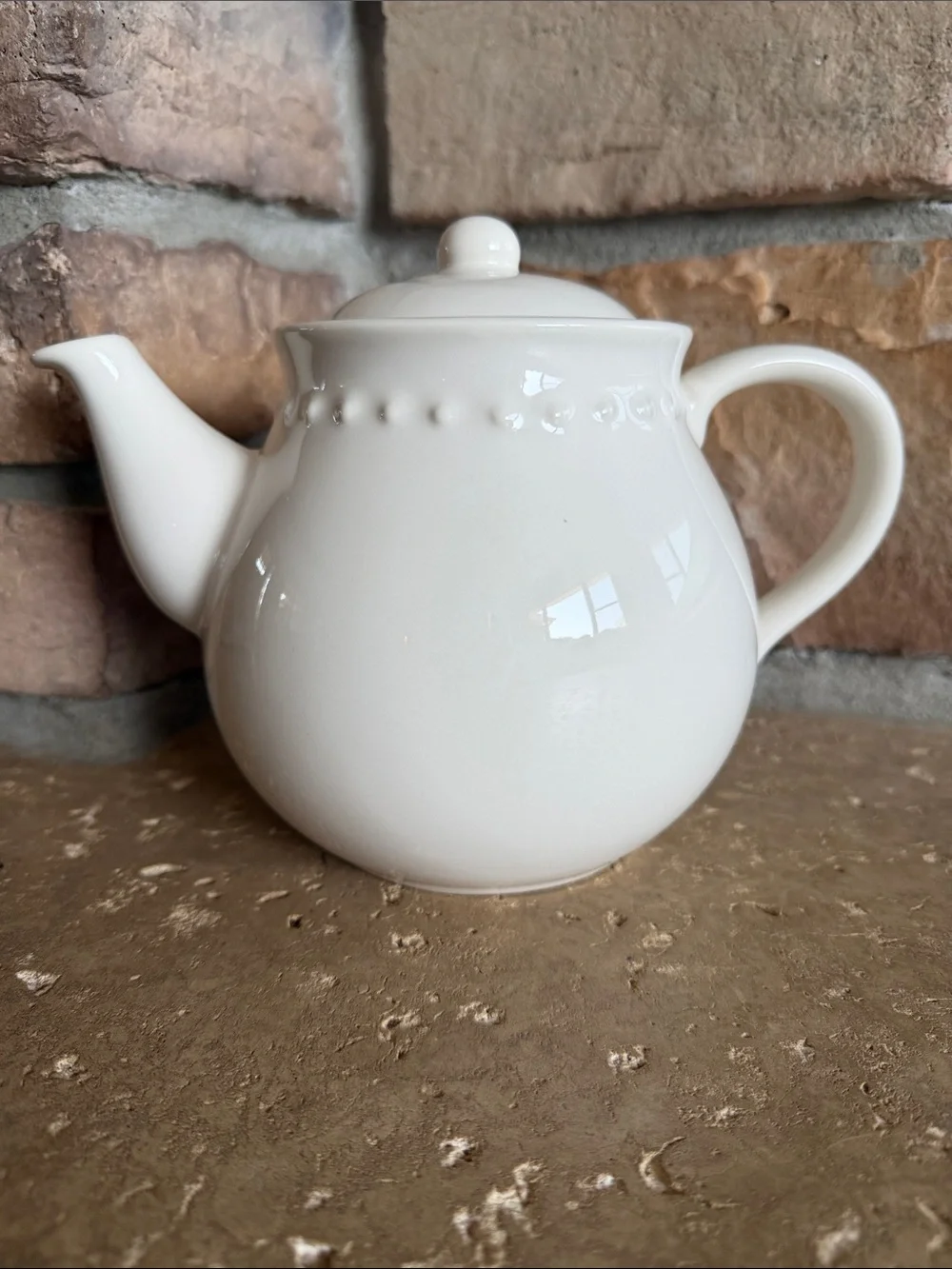 Pottery Barn Cream Earthenware Teapot with Beaded Rim Made in Portugal